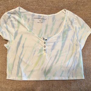 Aeropostale Cropped White/Blue/Green Tie-Dye, 4-Button T-Shirt, Sz X-Large